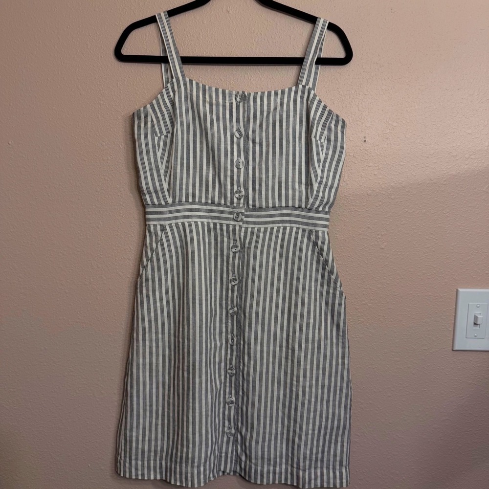 FRAME Striped Button Front Mini Dress Blue White Sleeveless Pockets Women Size S